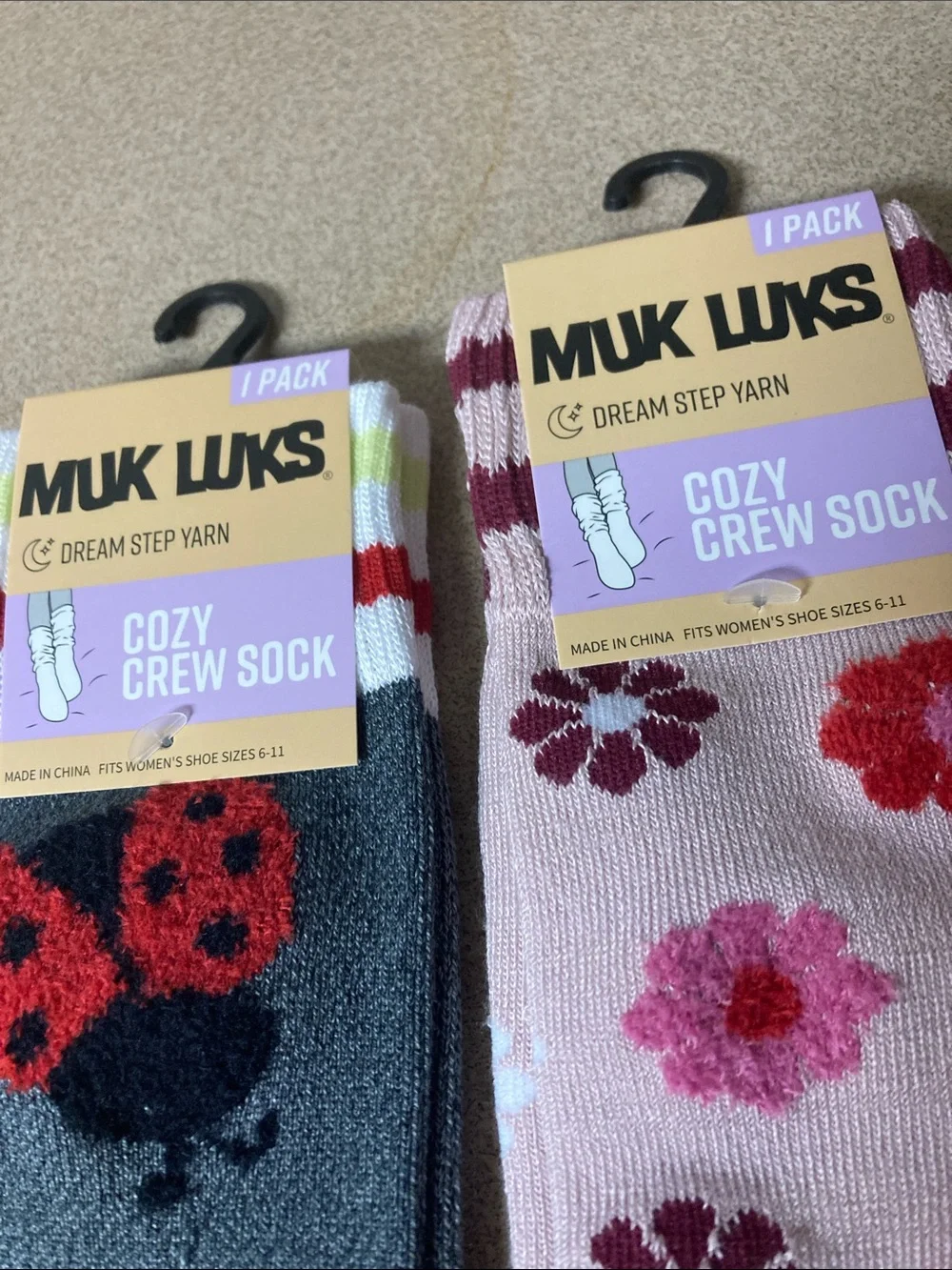 Muk Luks ladies Cozy Crew Socks - Gray with Ladybug & Pink Floral Pair